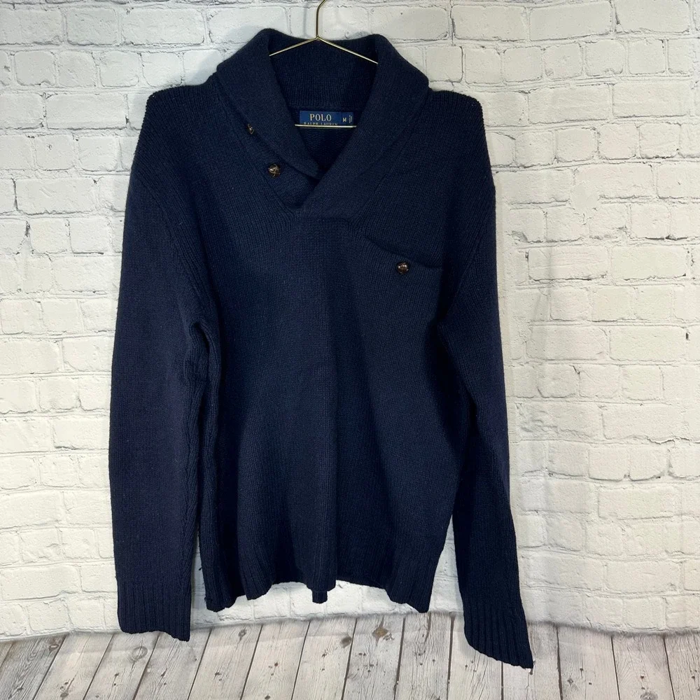 Polo Ralph Lauren Navy Merino Wool Angora Shawl Collar Sweater Mens Medium FLAW